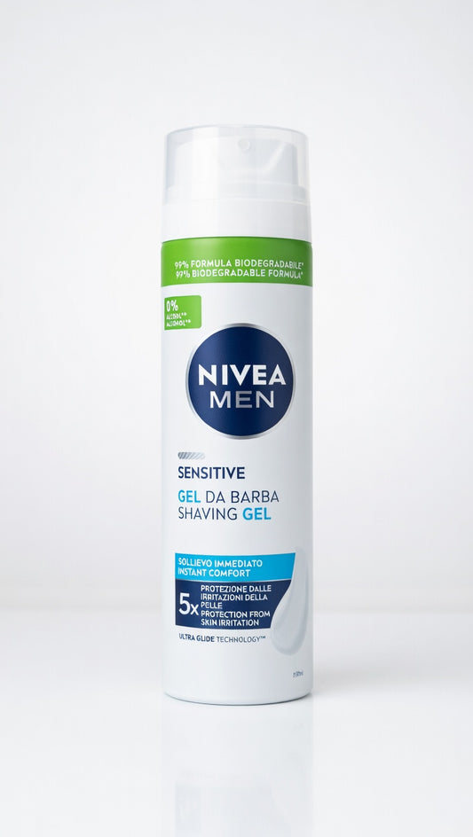 NIVEA Men Sensitive Gel da Barba 200ml con VitaminPro Complex, camomilla e 0% alcol, protezione 5X contro irritazioni, rossori e bruciore per pelli sensibili