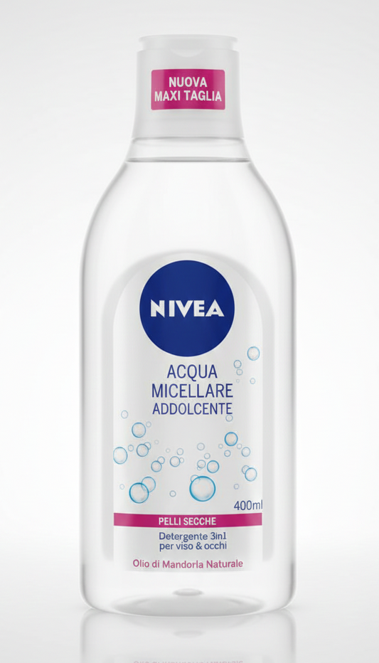 NIVEA Acqua Micellare Addolcente 3in1 | 400 ml MAXI TAGLIA | Per Pelli Secche con Olio di Mandorla Naturale | Azione Idratante e Detergente Viso Occhi Labbra