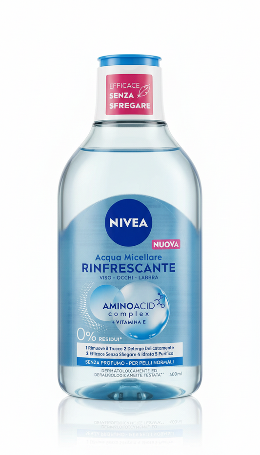 NIVEA Acqua Micellare Rinfrescante 5in1 | 400 ml | Con Aminoacid Complex e Vitamina E | Per Pelli Normali – Detersione Profonda Senza Sfregare