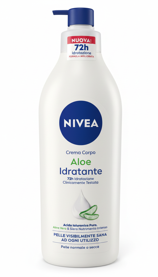 NIVEA Crema Corpo Aloe Idratante 500ml con Acido Ialuronico Puro e Aloe Vera Naturale – 72h Idratazione Profonda Antisecchezza con Assorbimento Rapido