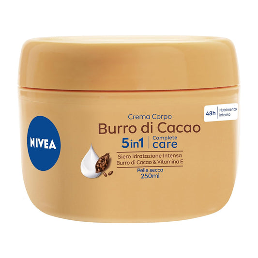 NIVEA Crema Corpo Burro di Cacao 250 ml | Idratazione Intensa 5 in 1 (48h) | Pelle Secca | Con Vitamina E & Siero NIVEA – Nutrimento Profondo