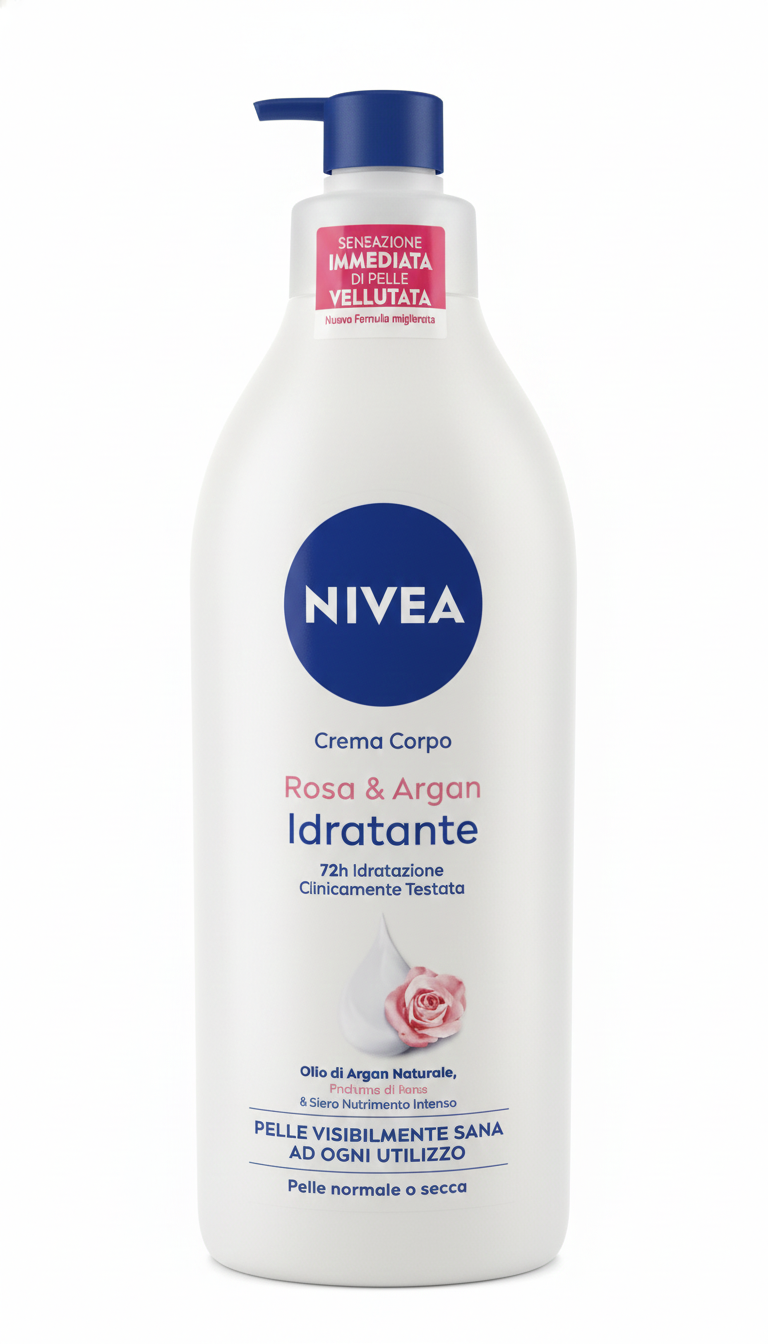NIVEA Crema Corpo Rosa & Argan Idratante 500ml con Olio di Argan Naturale e Profumo di Rosa – Trattamento Nutriente Antisecchezza 72h ad Assorbimento Rapido
