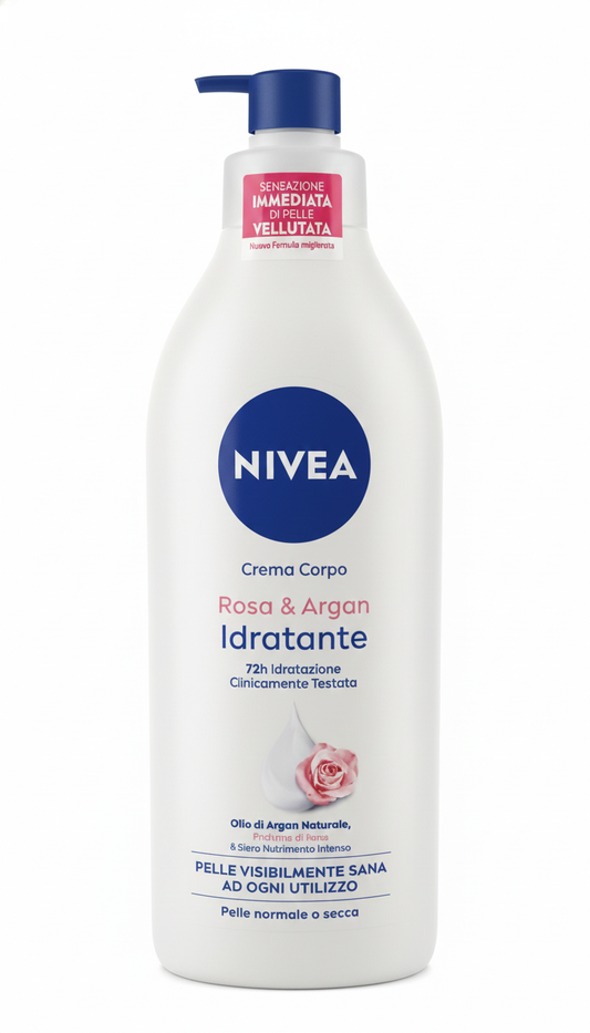 NIVEA Crema Corpo Rosa & Argan Idratante 500ml con Olio di Argan Naturale e Profumo di Rosa – Trattamento Nutriente Antisecchezza 72h ad Assorbimento Rapido