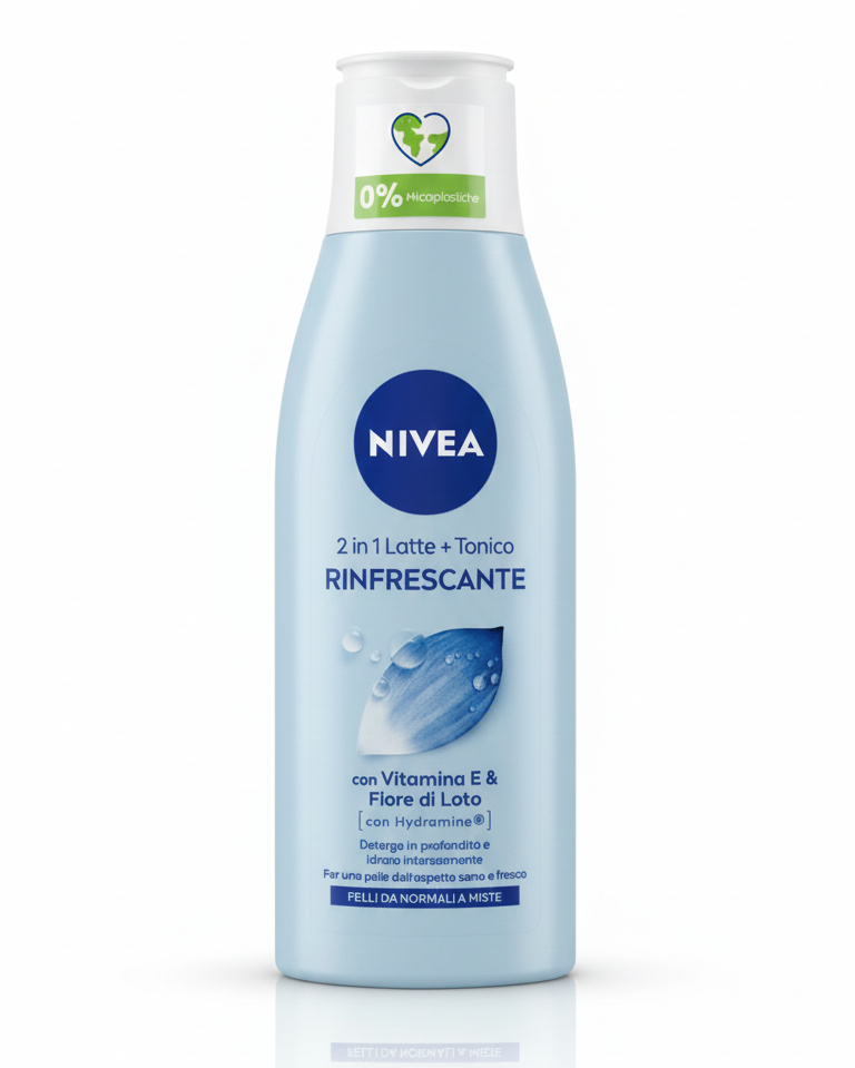 NIVEA Latte Detergente + Tonico 2IN1 Rinfrescante 200 ml | Doppia Azione Detergente e Tonificante | Con Vitamina E, Fiore di Loto e Hydramine® | Pelli Normali e Miste