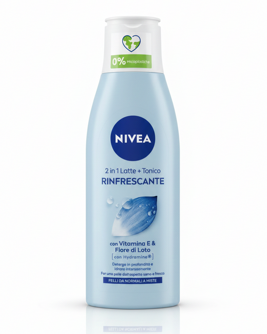 NIVEA Latte Detergente + Tonico 2IN1 Rinfrescante 200 ml | Doppia Azione Detergente e Tonificante | Con Vitamina E, Fiore di Loto e Hydramine® | Pelli Normali e Miste