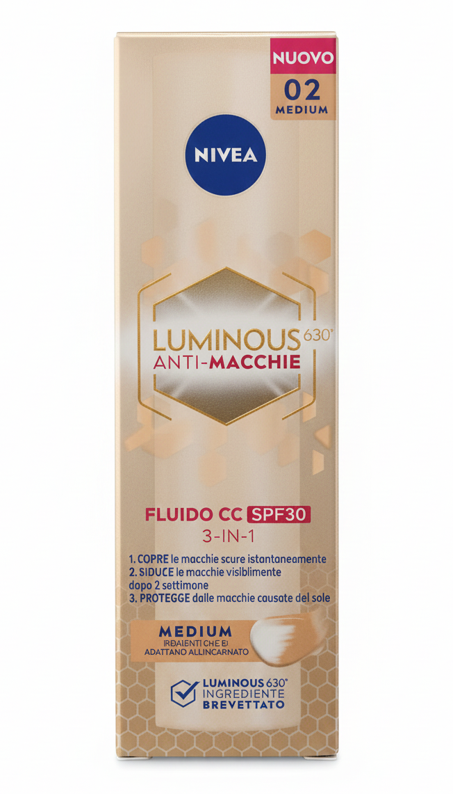 NIVEA Luminous630 Fluido CC Anti-Macchie 3-in-1 SPF 30 – Tonalità 02 Medium 40ml – Uniformante con Tecnologia LUMINOUS630® Brevettata