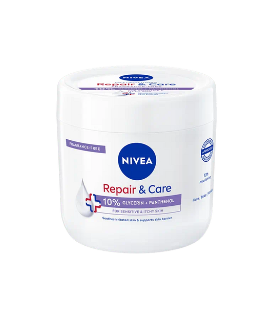 NIVEA Repair & Care Crema Rigenerante Senza Profumo 400ml – Sollievo Immediato 72H con 10% Glicerina e Pantenolo per Viso, Corpo e Mani