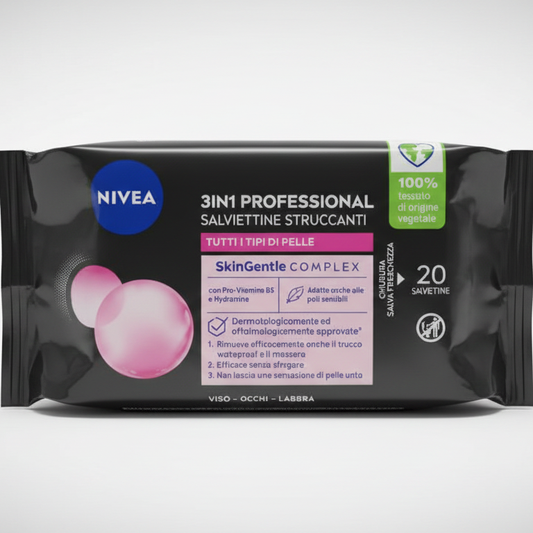 NIVEA Salviettine Struccanti 3 in 1 PROFESSIONAL | 20 Pezzi | Per Trucco Waterproof e Mascara | Con Pro-Vitamina B5 | Tessuto 100% Vegetale Biodegradabile