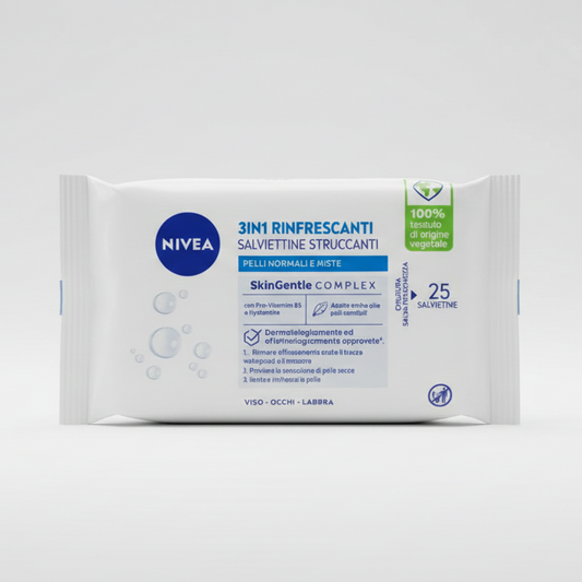 NIVEA Salviettine Struccanti 3 in 1 Rinfrescanti Pelli Normali e Miste | 25 Pezzi | Con Pro-Vitamina B5 e Hydramine | Tessuto 100% Vegetale Biodegradabile
