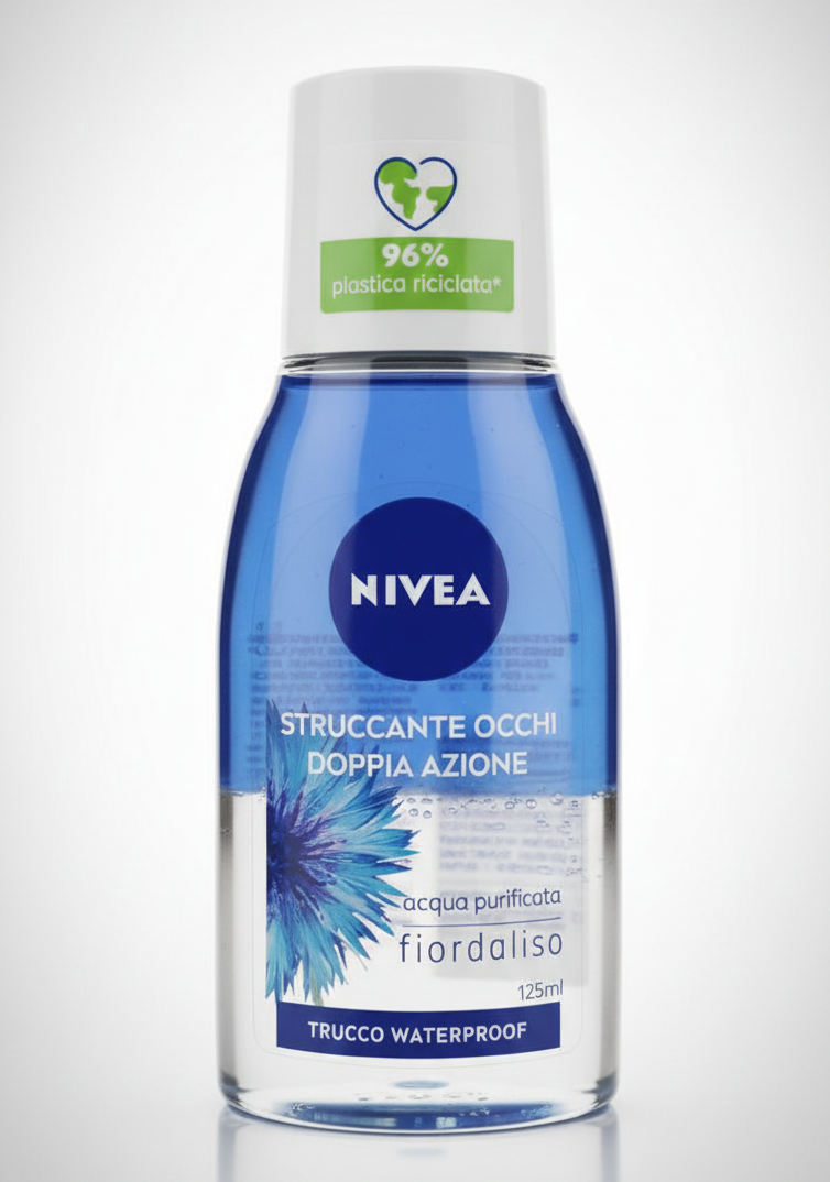 Nivea Struccante Occhi Doppia Azione 125ml con fiordaliso, rimuove trucco waterproof e lunga tenuta, adatto a occhi sensibili.