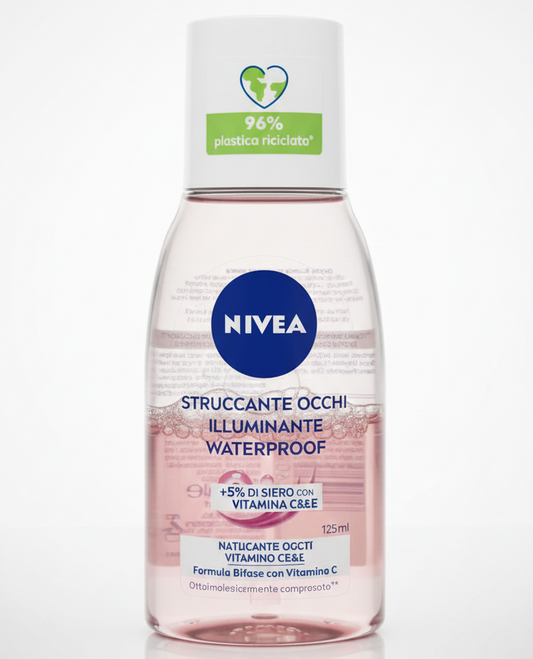 NIVEA Struccante Occhi Illuminante Waterproof Bifasico 125 ml | Con Vitamina C Energizzante | Rimuove Trucco a Lunga Tenuta Senza Strofinare | 96% Plastica Riciclata
