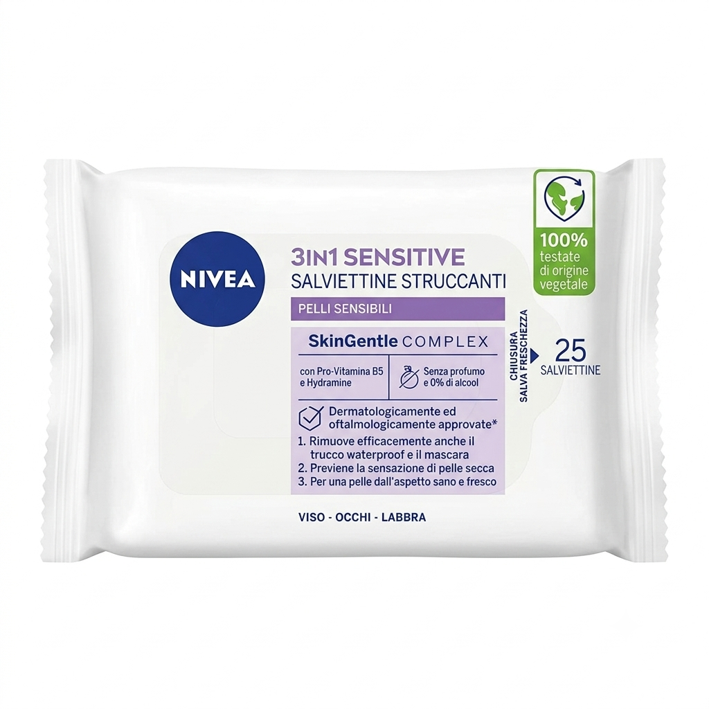 NIVEA Salviettine Struccanti Delicate 25 pezzi, salviettine per viso, occhi e labbra, efficaci nella rimozione di trucco waterproof e residui di SPF, con liquirizia e pantenolo, formula 0% alcol e profumo, ideali per una detersione delicata e quotidiana della pelle.