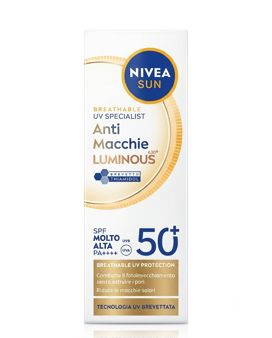 NIVEA Solare Viso Anti-Macchie SPF50+ 40ml con Luminous630: protezione UV alta, riduce macchie, texture leggera