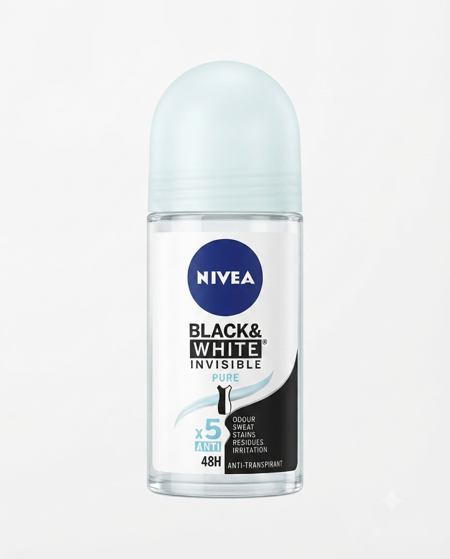 Deodorante roll-on NIVEA Black & White Invisible Original 50 ml, protezione 48 ore, anti-macchia per capi bianchi e neri, formula 0% alcol etilico.