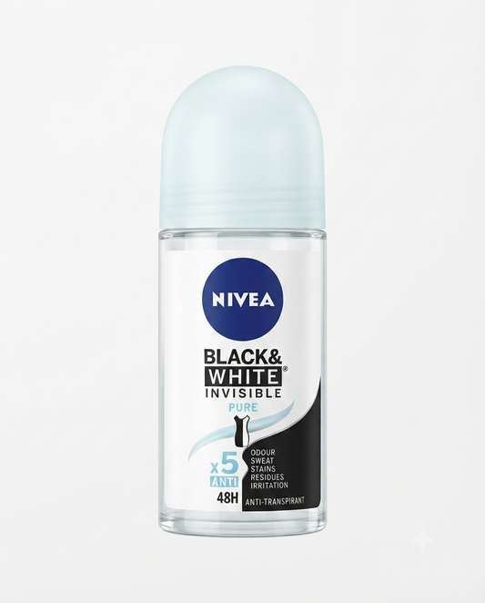 Deodorante roll-on NIVEA Black & White Invisible Original 50 ml, protezione 48 ore, anti-macchia per capi bianchi e neri, formula 0% alcol etilico.