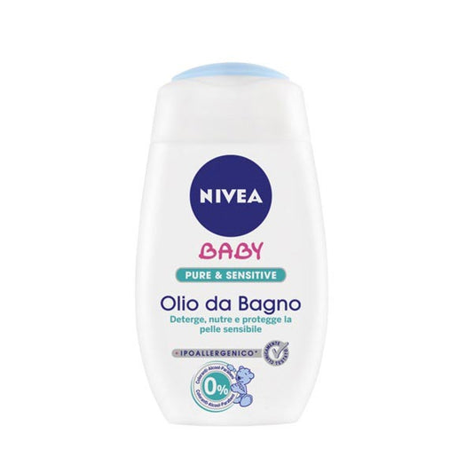 Nivea Baby Olio da Bagno Pure & Sensitive 200 ml, detergente delicato che nutre e idrata la pelle del bambino, formula ipoallergenica senza coloranti, alcol e parabeni, ideale per pelli sensibili.