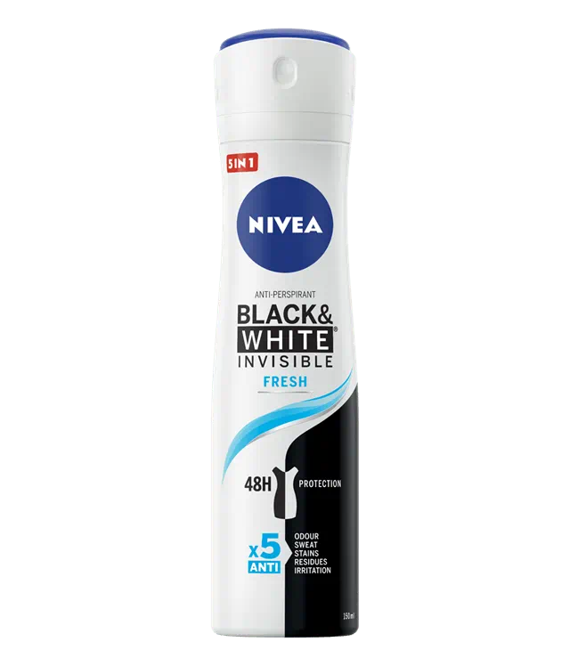 NIVEA Black & White Invisible Fresh Spray 150ml | Protezione 5in1 Anti-Macchie | Anti-Traspirante 48h | Zero Residui & Freschezza Intensa