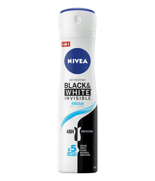 NIVEA Black & White Invisible Fresh Spray 150ml | Protezione 5in1 Anti-Macchie | Anti-Traspirante 48h | Zero Residui & Freschezza Intensa