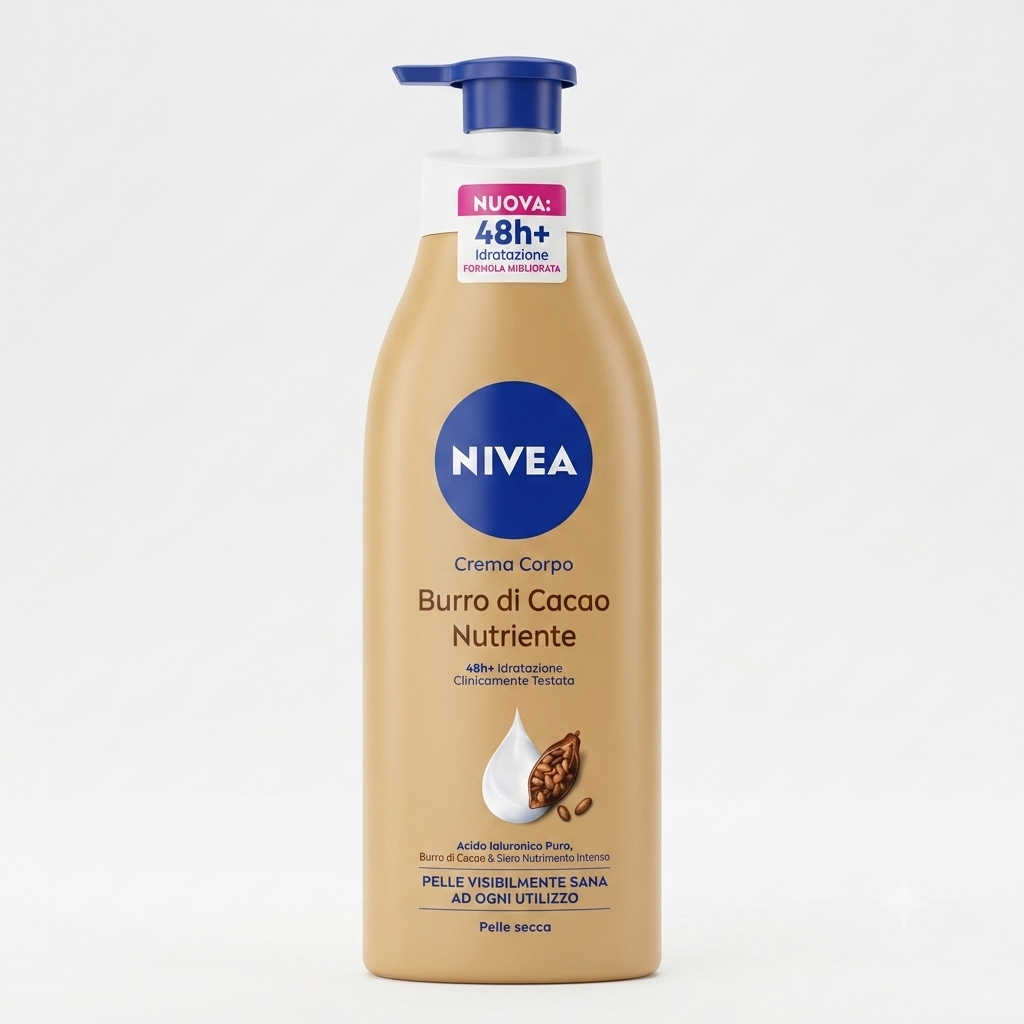 NIVEA Crema Corpo Burro di Cacao Nutriente 400 ml, crema idratante per pelle secca con burro di cacao e acido ialuronico, offre idratazione intensa per oltre 48 ore, aiutando a nutrire la pelle in profondità e lasciandola morbida, liscia e piacevolmente profumata.