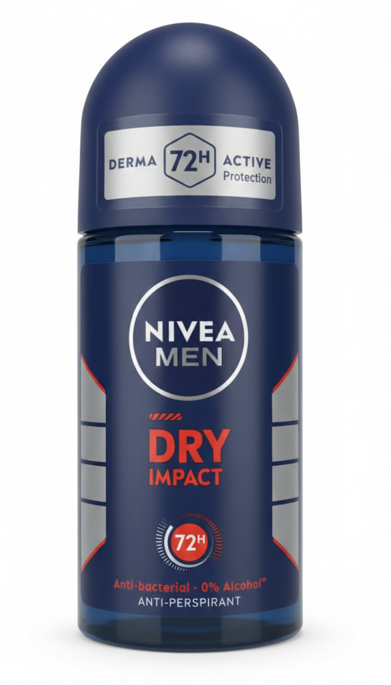 NIVEA Men Dry Impact Roll-On 50 ml, deodorante antitraspirante con Dual Active Formula, protezione efficace fino a 72 ore contro sudore e cattivi odori, freschezza a lunga durata.