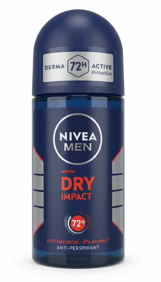 NIVEA Men Dry Impact Roll-On 50 ml, deodorante antitraspirante con Dual Active Formula, protezione efficace fino a 72 ore contro sudore e cattivi odori, freschezza a lunga durata.