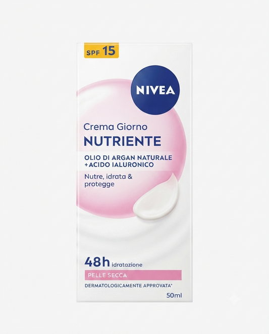 Nivea Crema Viso Giorno Nutriente SPF 15 50 ml per pelle secca con olio di argan e acido ialuronico.