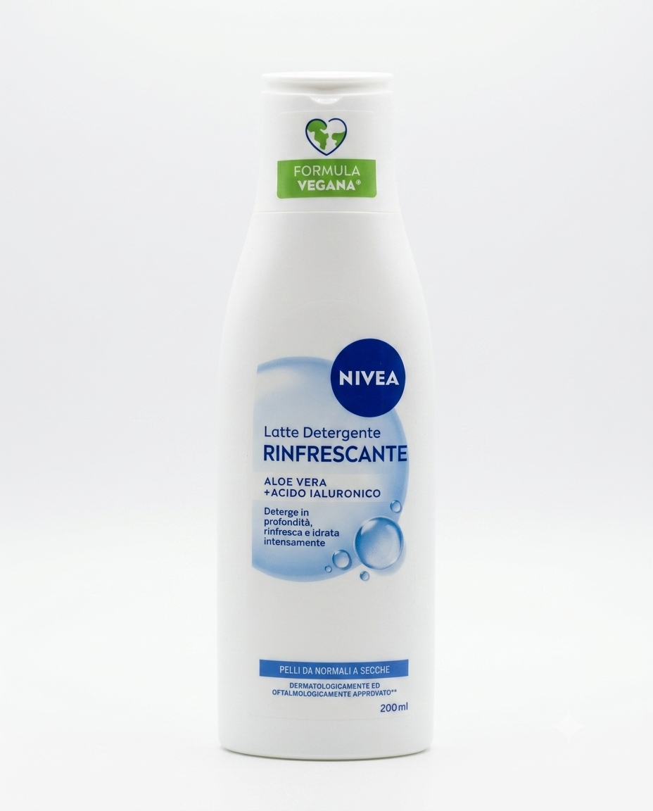 NIVEA Latte Detergente Rinfrescante 200 ml, detergente viso arricchito con fiore di loto, vitamina E e Hydramine®, ideale per pelli normali e secche, rimuove impurità e make-up lasciando la pelle morbida e idratata senza microplastiche.