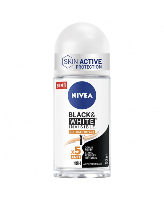 NIVEA MEN Black & White Invisible Ultimate Impact Deo Roll-On 50 ml – Protezione 5in1 & Anti-Macchie – Anti-Traspirante 48h