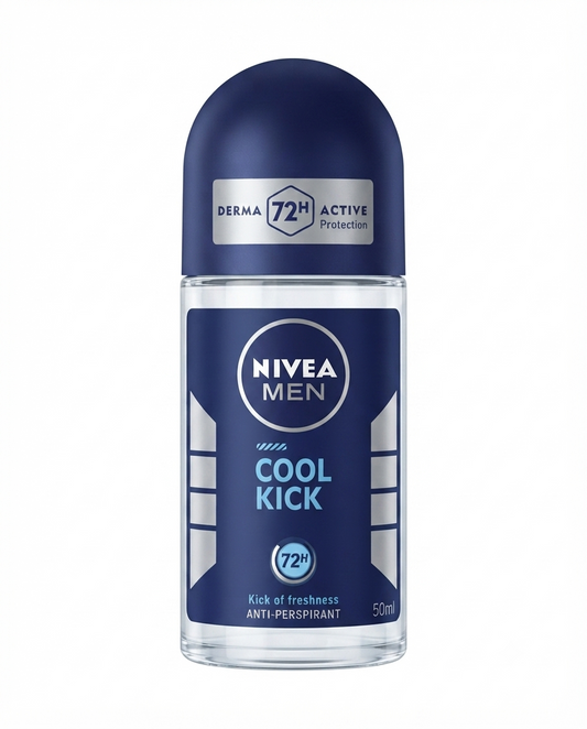 NIVEA Men Cool Kick Roll-On 50 ml, deodorante antitraspirante con acqua di cactus, offre protezione fino a 48 ore contro sudore e cattivi odori, garantendo una piacevole sensazione di freschezza a lunga durata e un'applicazione delicata sulla pelle.