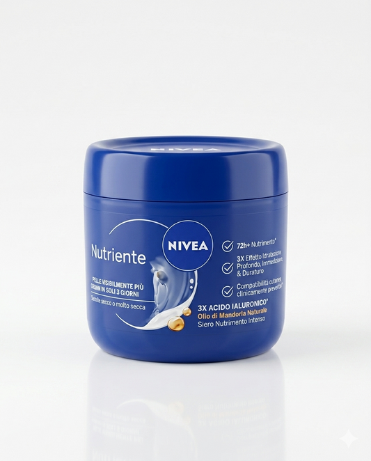 Crema corpo Nivea Nutriente 400 ml idratante 72h con acido ialuronico e olio di mandorla per pelle secca.