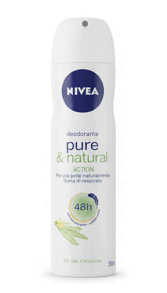NIVEA Pure & Natural Deodorante Spray 150ml | 0% Sali Alluminio | Protezione 48h con Bio-Florine | Approvato AIDECO