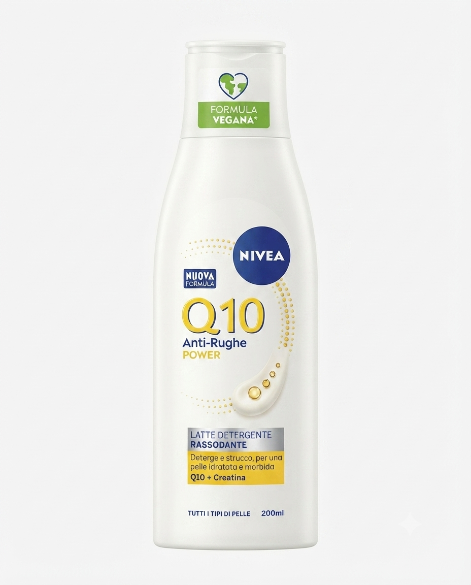 NIVEA Q10 Power latte detergente anti-rughe 200 ml con coenzima Q10, creatina, azione struccante.