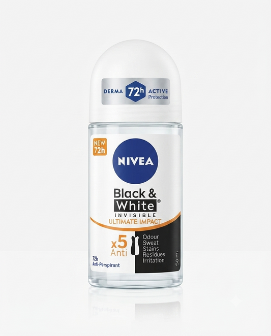 Deodorante roll-on NIVEA MEN Black & White Invisible Ultimate Impact 50 ml, protezione 48 ore 5in1 anti-macchie e anti-traspirante con azione invisibile sui tessuti.