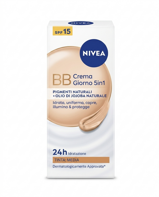 Nivea BB Cream 5in1 Super Idratante 24H Dorata (50ml) – Crema Giorno Viso SPF15 con Olio di Jojoba Bio e Pigmenti Illuminanti