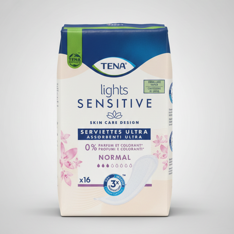 TENA Lights Sensitive Assorbenti Ultra Normal 16 Pezzi | Per Perdite Urinarie Leggere | Tripla Protezione da Perdite, Odori e Umidità | 0% Profumi e Coloranti per Pelli Sensibili