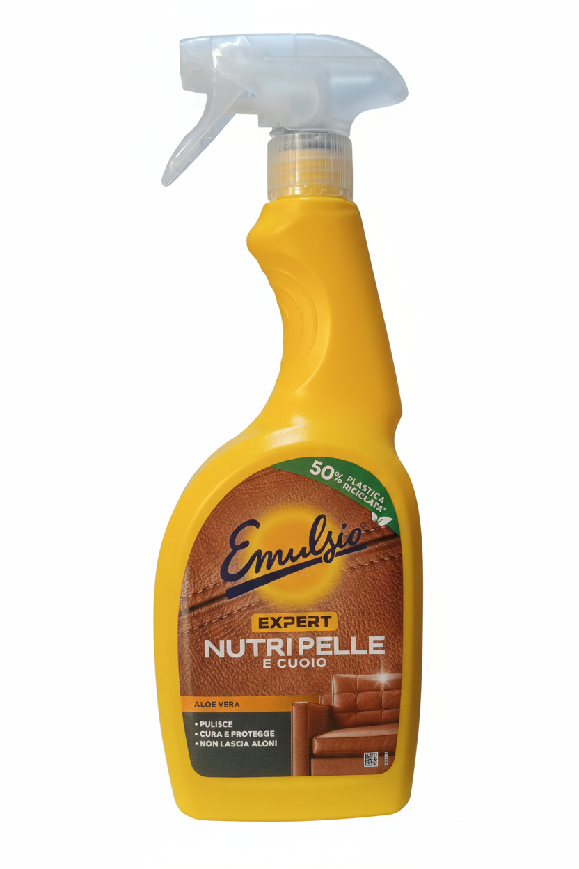 Emulsio Ravviva Pelle e Cuoio 600ml | Detergente con Aloe Vera per Divani, Borse e Interni Auto | Pulisce, Ravviva e Protegge senza Aloni