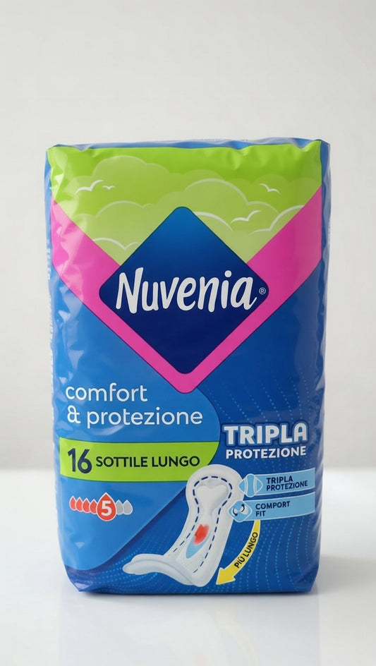 Nuvenia Sottile Super Lungo – 16 Assorbenti con Ali – Design Anatomico Extra-Lungo per Flussi Abbondanti – Protezione V-Zone