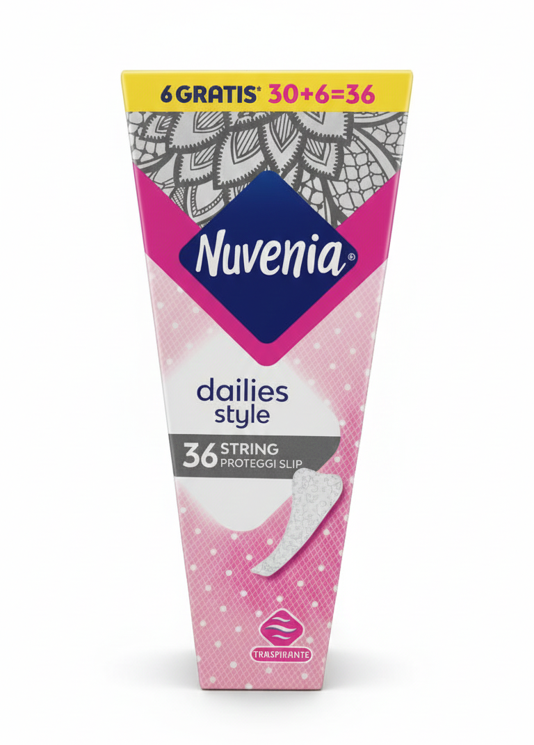 NUVENIA Dailies Style Proteggi Slip String 36 Pezzi (30+6) | Salvaslip Traspiranti e Sottili | Design V-Discreto per Perizoma e String | Protezione Quotidiana e Freschezza Cotone