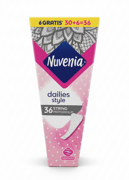 NUVENIA Dailies Style Proteggi Slip String 36 Pezzi (30+6) | Salvaslip Traspiranti e Sottili | Design V-Discreto per Perizoma e String | Protezione Quotidiana e Freschezza Cotone