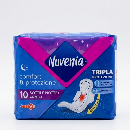 Nuvenia Sottile Night+ Assorbenti Notte con Ali 10 pezzi, assorbenti anatomici con tecnologia Max Cour-V™, studiati per offrire elevata assorbenza, protezione dalle perdite e comfort durante tutta la notte.