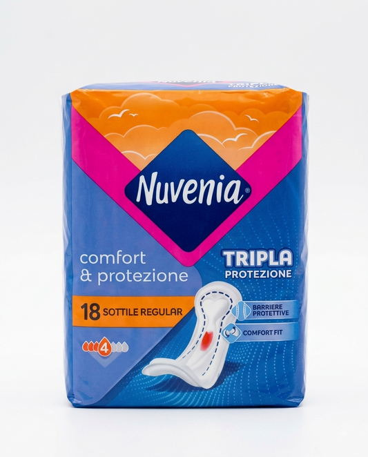 Nuvenia Sottile Comfort e Protezione Assorbenti Anatomici 18 pezzi, con cuore assorbente e barriere anti-fuoriuscita, design ergonomico V-Zone e superficie morbida per flusso normale.