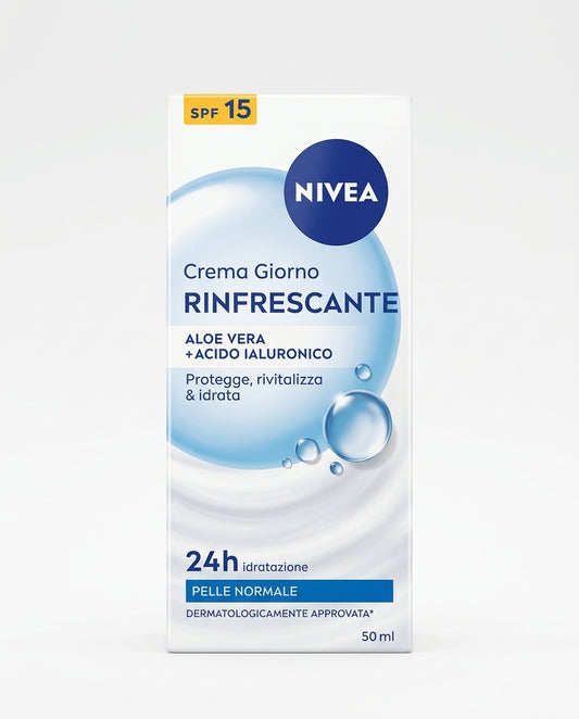 Nivea Crema Giorno Rinfrescante Aloe Vera Acido Ialuronico SPF15 Pelle Normale – Idratazione 24H Anti-Fotoinvecchiamento