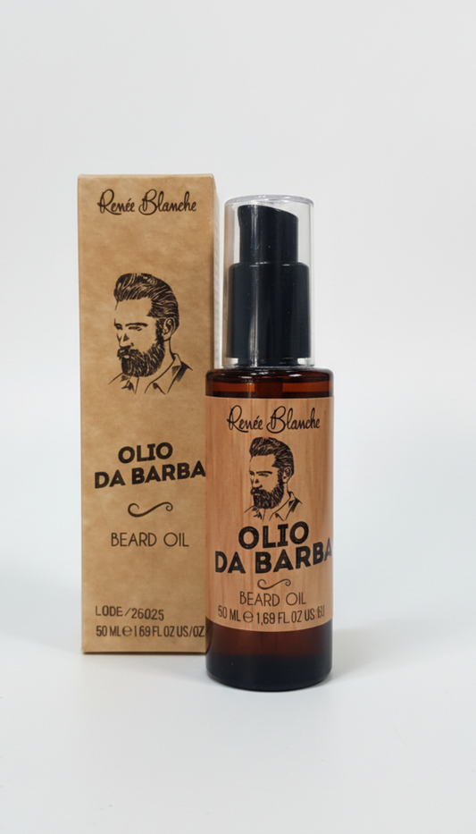 Olio da barba Renée Blanche Essential Beard Oil 50 ml nutriente con argan mandorle patchouli e cedro trattamento barba uomo anti-prurito e ammorbidente naturale