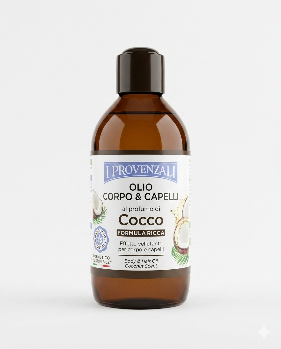 Olio Corpo e Capelli al profumo di cocco I Provenzali da 200ml, trattamento vellutante naturale per pelle e capelli, effetto emolliente e nutriente senza ungere, ideale come olio corpo e impacco pre-shampoo.