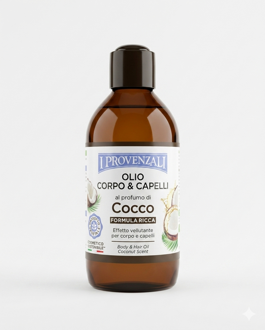 Olio Corpo e Capelli al profumo di cocco I Provenzali da 200ml, trattamento vellutante naturale per pelle e capelli, effetto emolliente e nutriente senza ungere, ideale come olio corpo e impacco pre-shampoo.