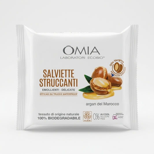 OMIA Laboratori Ecobio Salviette Struccanti Emollienti all'Argan Biologico 20 Pezzi – Viso, Occhi e Labbra