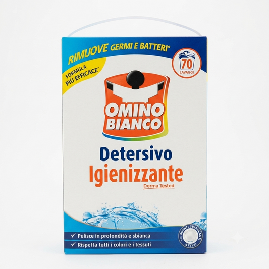 Omino Bianco Detersivo Polvere Igienizzante Lavatrice 3850 g da 70 lavaggi, detersivo in polvere con azione igienizzante che aiuta a rimuovere germi e batteri, efficace contro lo sporco e le macchie anche a basse temperature, Derma Tested, ideale per capi bianchi e colorati.
