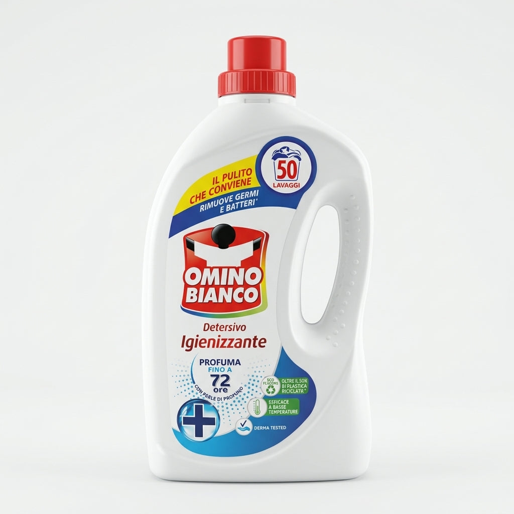 Omino Bianco Detersivo Lavatrice Igienizzante 2L 50 Lavaggi Flacone Plastica Riciclata – Formula Concentrata Enzimi e Perle di Profumo