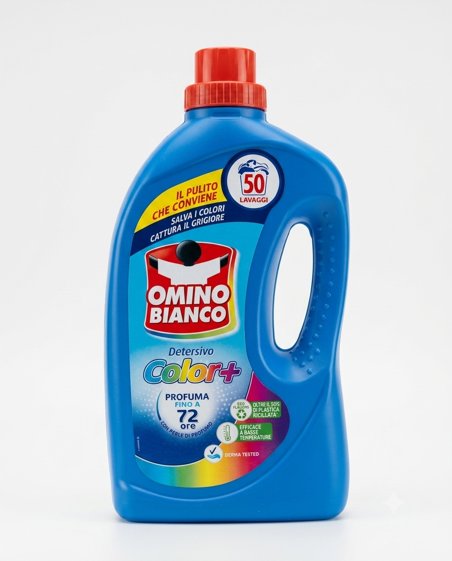 Omino Bianco Color+ detersivo liquido 2L 50 lavaggi per capi colorati con protezione colori e rimozione macchie.