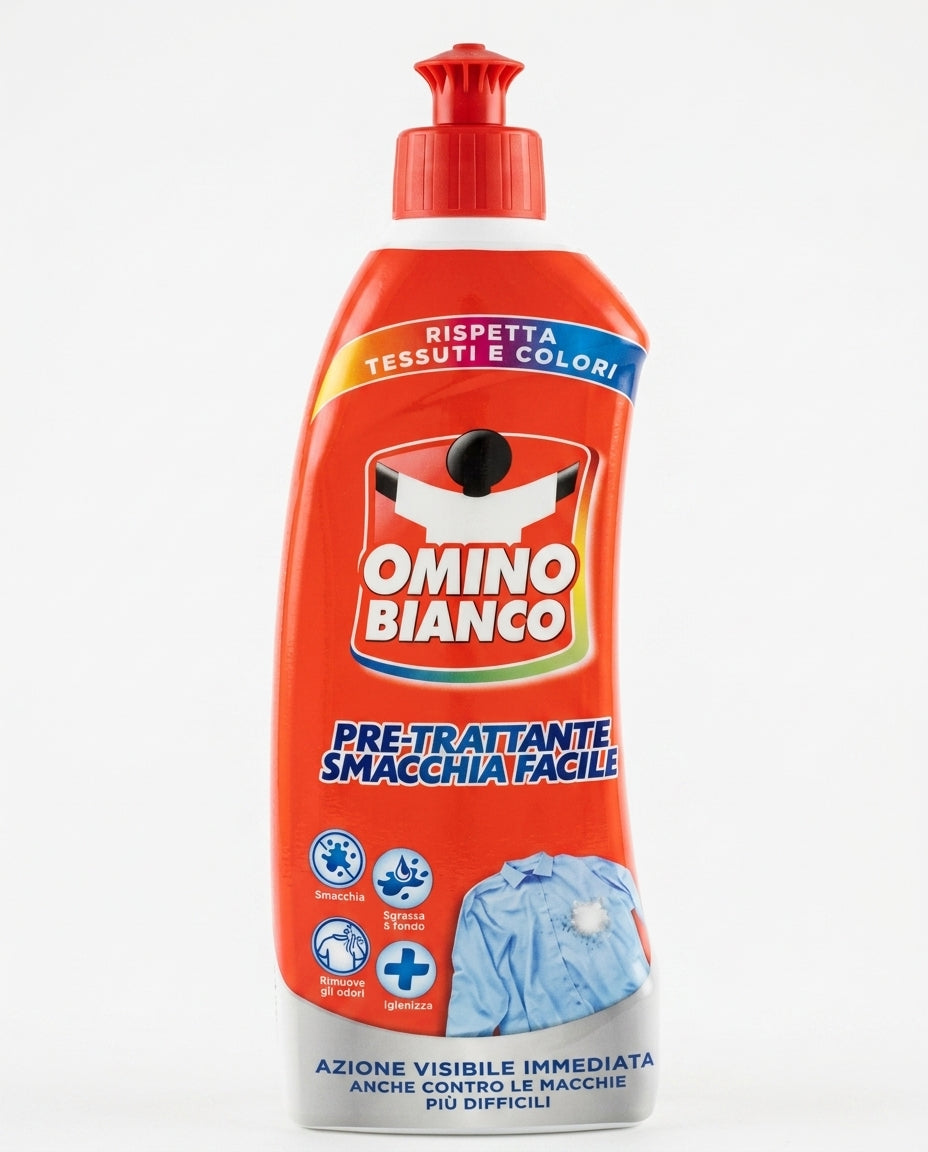 Omino Bianco Smacchia Facile 100+ Pre-Trattante 500 ml, additivo smacchiatore per macchie ostinate, sicuro su capi bianchi e colorati.